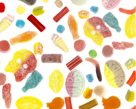 Buntes Sortiment von Gummibonbons auf weißem Hintergrund